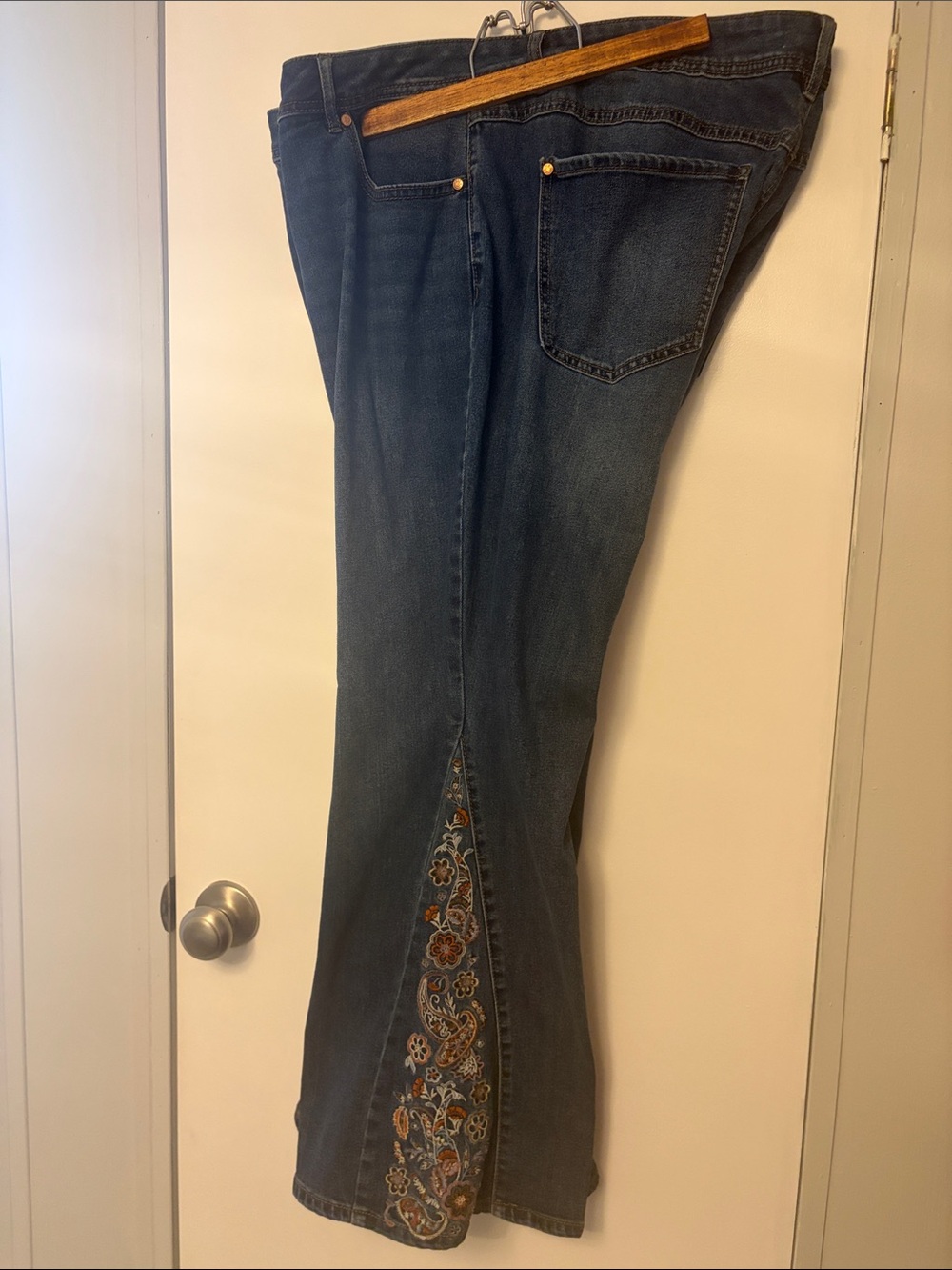 Denim bell bottom embroidered jeans